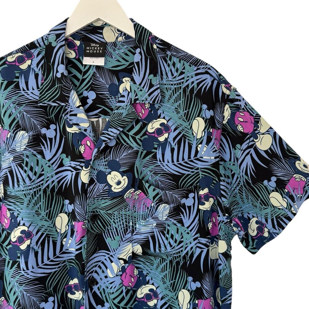 DISNEY Mickey Mouse Rayon Hawaiin Shirt Tropical Party Short Sleeve Black Large